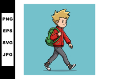 Boy walking with green backpack wearing red jacket and grey Product Image 1