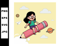 Girl flying on large pink pencil in space with planets and c Product Image 1