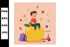 Child sitting on large yellow apple with falling autumn leav Product Image 1