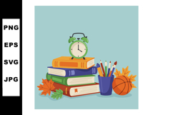 Stack of colorful books with alarm clock pencils and basketb Product Image 1
