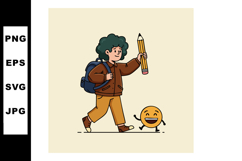 Child walking with large pencil and smiling emoji character Product Image 1