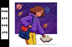 Young woman studying astronomy with space background and com Product Image 1