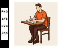 Man sitting on chair writing in notebook at wooden desk vect Product Image 1