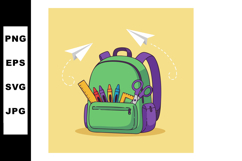 Green and purple backpack with school supplies and flying pa Product Image 1