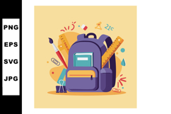 Purple backpack with school supplies including ruler, paintb Product Image 1
