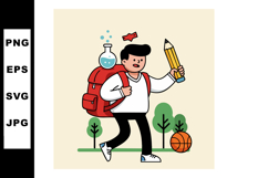 Student carrying backpack with pencil and science flask walk Product Image 1
