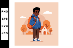 Young boy with backpack standing outside near house and tree Product Image 1