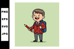 Schoolboy with backpack holding giant red pencil vector illu Product Image 1