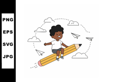 Child riding giant pencil with paper planes flying around cr Product Image 1