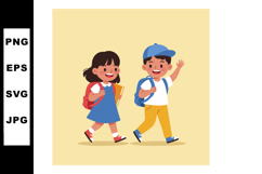 Children walking to school with backpacks and books cheerful Product Image 1