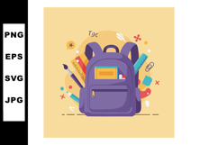 Purple school backpack with colorful stationery items vector Product Image 1