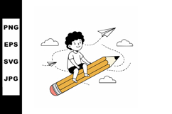 Boy riding large pencil with paper planes flying around crea Product Image 1