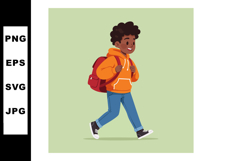 Boy Wearing Orange Hoodie Walking with Red Backpack Casual S Product Image 1