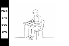 Boy sitting at school desk writing in notebook line art vect Product Image 1