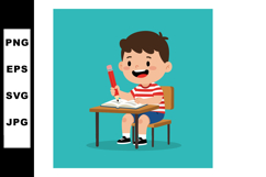 Boy Sitting at Desk Writing in Book with Red Pencil Educatio Product Image 1