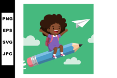 Young Girl Flying on Giant Pencil with Paper Airplane Illust Product Image 1