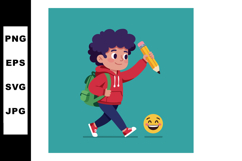 Boy carrying green backpack holding pencil walking with smil Product Image 1