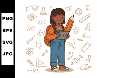 Young student girl holding pencil and tablet surrounded by m Product Image 1