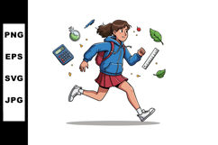 Girl running with blue hoodie red skirt school supplies educ Product Image 1