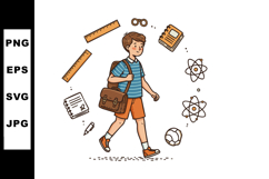 Schoolboy Walking with Bag and Science Education Icons Vecto Product Image 1