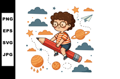 Child riding large pencil with space planets stars and cloud Product Image 1
