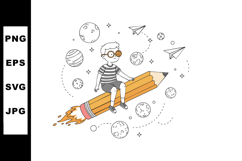 Boy riding giant pencil rocket with planets stars and paper Product Image 1