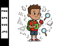 Curious schoolboy holding apple and book with educational sy Product Image 1
