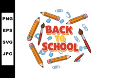 Back to school text with pencils paintbrushes and stationery Product Image 1