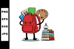 Red backpack holding school supplies and art palette with bo Product Image 1