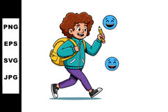Child walking with yellow backpack holding pencil happy face Product Image 1