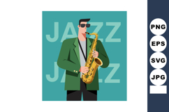 Jazz musician playing saxophone in green jacket with retro s Product Image 1