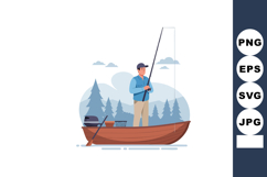 Man fishing on wooden boat in forest lake landscape with clo Product Image 1