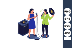Two women singing and playing vinyl record with microphone a Product Image 1
