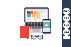 Laptop smartphone glasses and red notebook workspace setup f Product Image 1