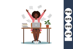 Woman celebrating success sitting at desk with laptop and fl Product Image 1