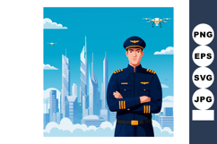 Pilot in uniform with drones and futuristic cityscape backgr Product Image 1