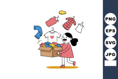 Girl carrying box with colorful clothes and floating garment Product Image 1