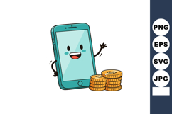 Cartoon smartphone with smiling face and gold coins vector i Product Image 1