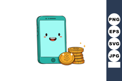 Cute smartphone with happy face and stack of golden coins di Product Image 1