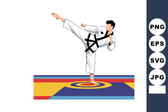 Martial artist executing high kick on colorful mat in black Product Image 1