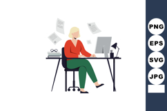 Woman working at desk with flying papers and computer in off Product Image 1