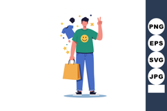 Young man holding shopping bag and showing peace sign with g Product Image 1