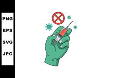 Hand Holding Syringe with Red Cross and Virus Icons Medical Product Image 1