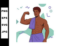 Muscular man flexing biceps with purple towel on shoulder an Product Image 1