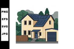 Modern house with solar panels on roof surrounded by trees a Product Image 1