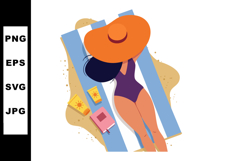 Woman in purple swimsuit relaxing on striped beach towel wit Product Image 1