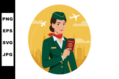 Female flight attendant holding passport with city skyline a Product Image 1