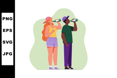 Young diverse couple drinking soda bottles casual summer clo Product Image 1