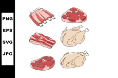 Various cuts of raw meat including ribs steak and whole chic Product Image 1