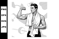 Muscular man flexing biceps with towel in gym workout fitnes Product Image 1
